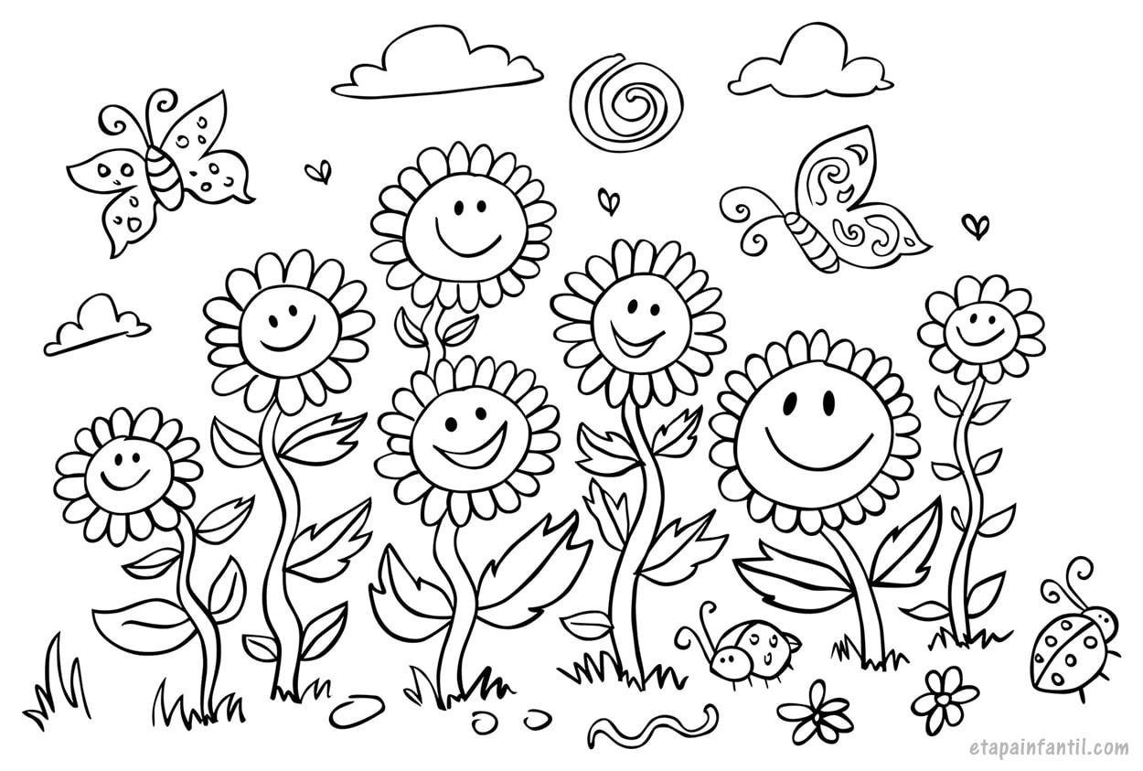 Página para colorear de primavera para niños. colorea las flores