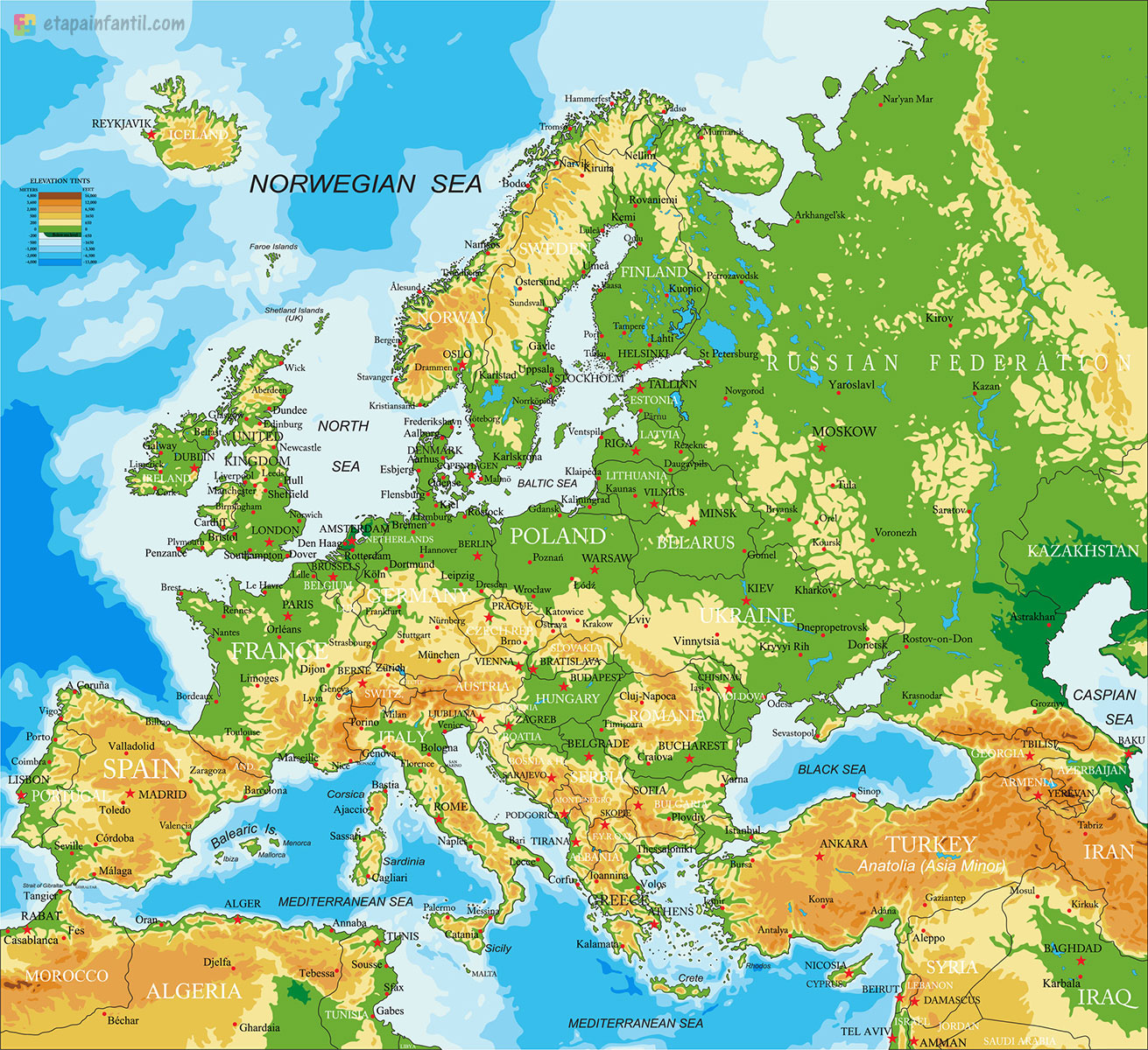 Atlético Derribar templado mapa de europa con sus rios y montañas ...