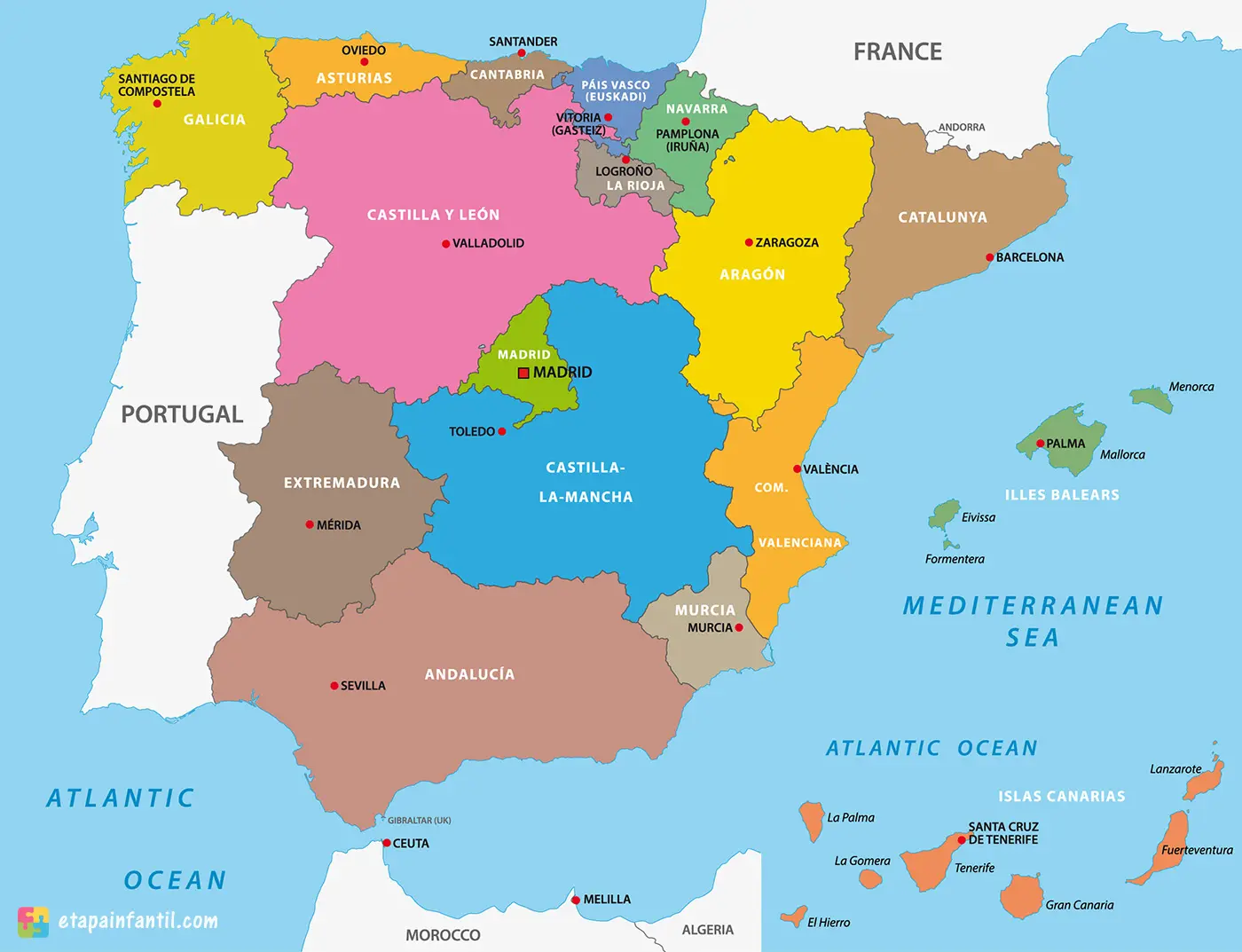 Mapa de España gratis para niños para colorear, imprimir e dibujar  –